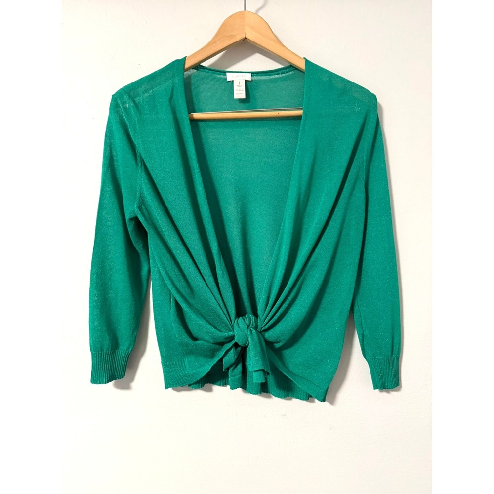 Chico's Green Front Tie Cardigan Shimmer Knit 3/4 Sleeve Sweater Size 1‎ M
